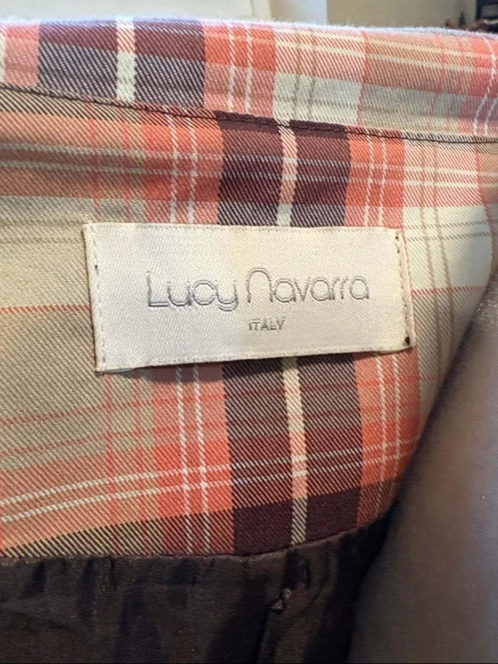 Plaid Button-Front Women's Jacket in Brown/Red and Cream Tie Waist & Hem-EU 44/M